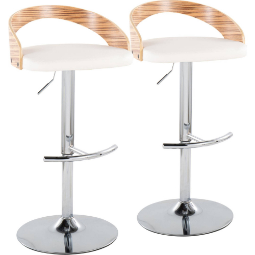 Grotto Adjustable Swivel Bar Stool in Chrome, Zebra Wood & White Leatherette (Set of 2)